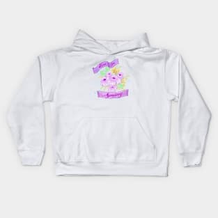 A bunch of wild flowers with purple banner "Here for Spring" Kids Hoodie